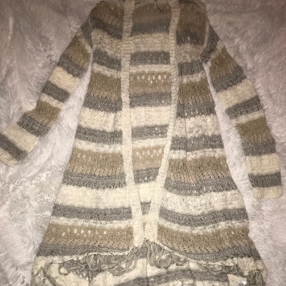 Gray Tan and White Long Sleeve Knit Cardigan